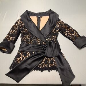 Tadashi Collection Evening Top Women Size 4 Black Lace Silk Portrait Collar